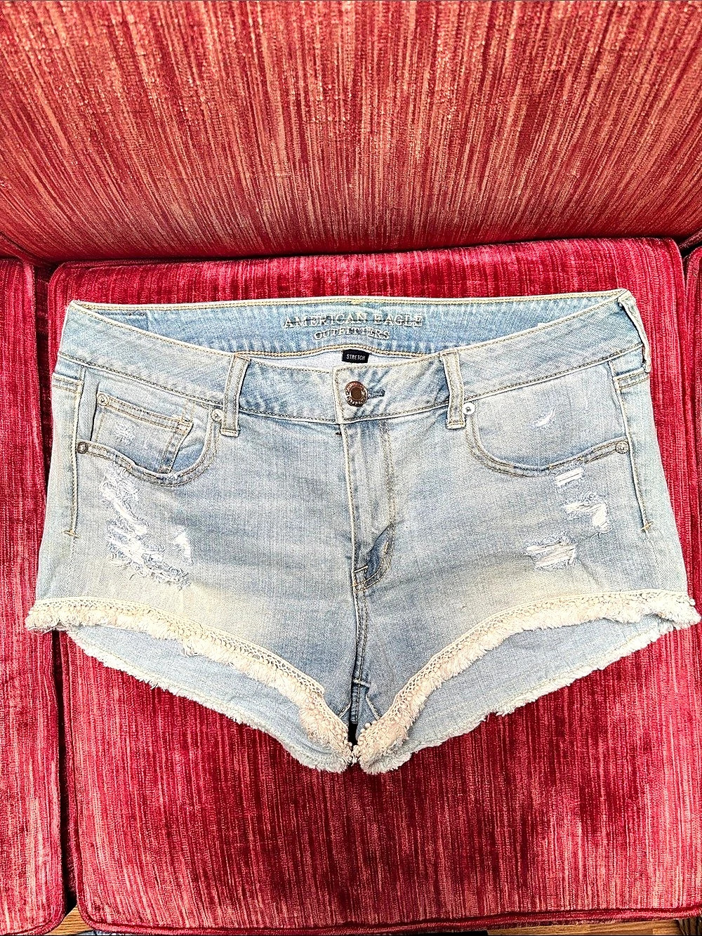 American Eagle Shortie Distressed Denim Jean Shorts in Blue size 14